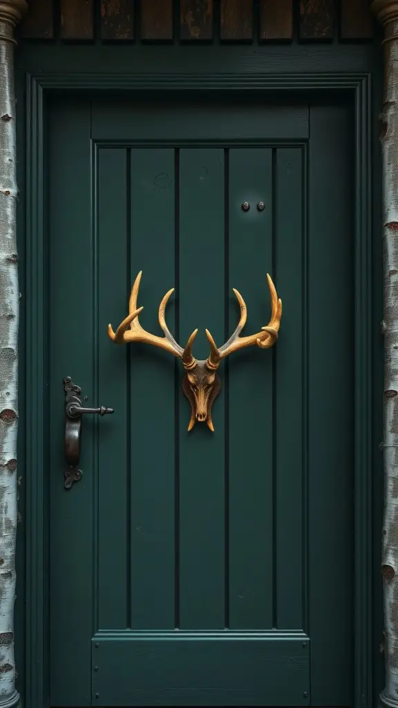 A heavy, hand-carved wooden door with a golden antler motif, painted in deep green.