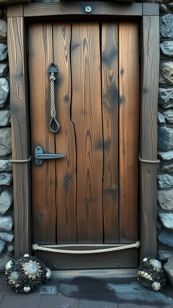 A heavy, hand-carved wooden door with a rustic design, featuring rope accents and ancient hardware.