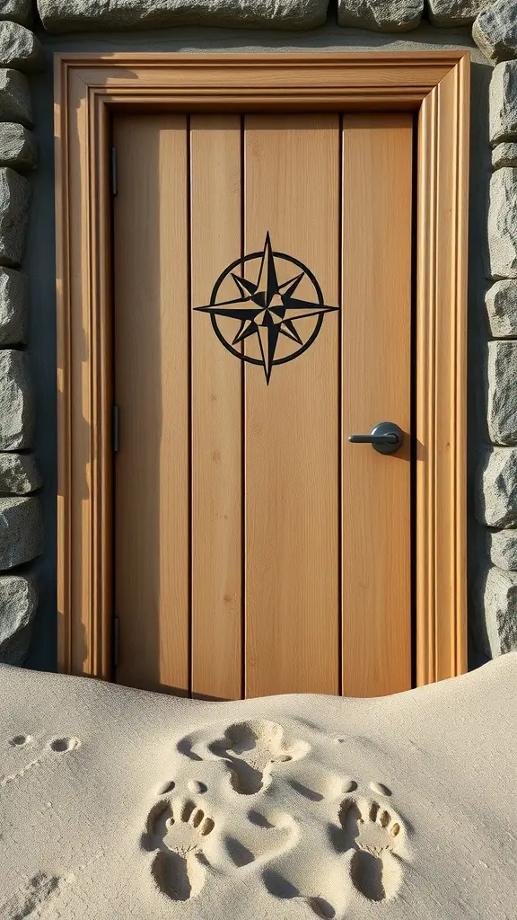 A wooden door with a compass design, surrounded by stone, set against a sandy background.