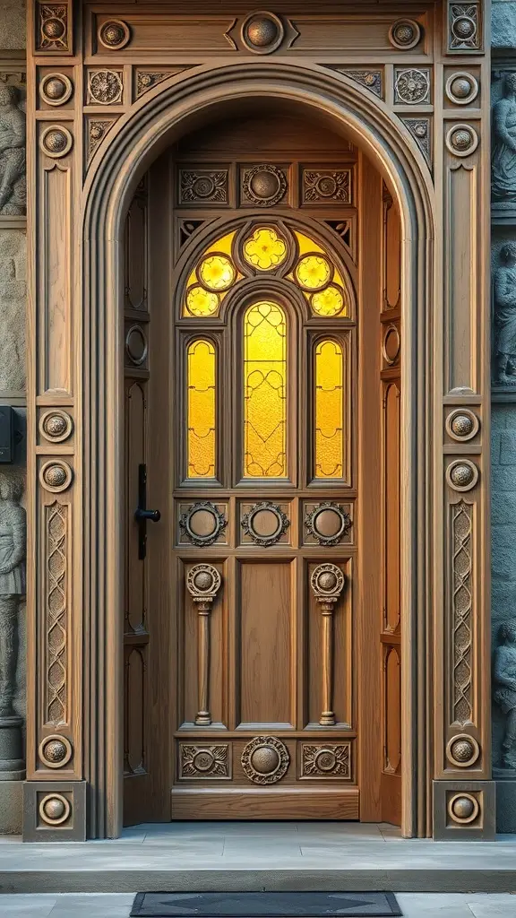 A beautifully crafted wooden door with intricate carvings and stained glass panels, resembling a castle-worthy entrance.
