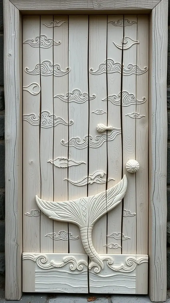 A beautifully carved wooden door featuring a whale tail and wave designs, representing the White Harbor Whale Gate.