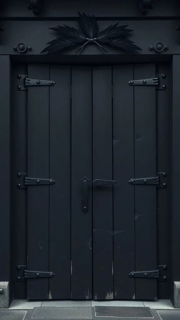 A heavy, hand-carved wooden door with dark wood and ancient hardware, representing the Shadow Tower Watch Gate.