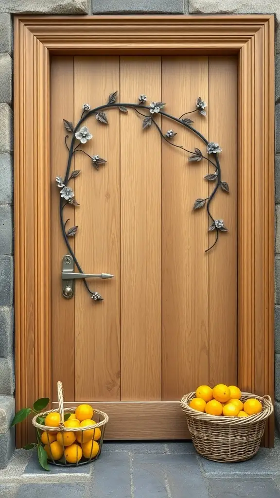 A heavy wooden door with floral metalwork, flanked by baskets of oranges, set against stone walls.