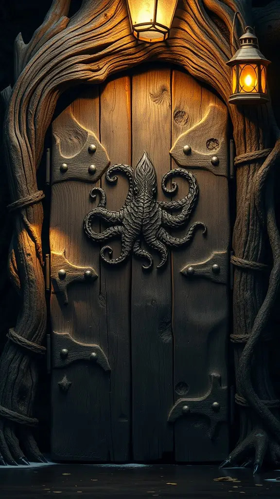 A heavy, hand-carved wooden door with an octopus design, surrounded by twisted wood and glowing lanterns.