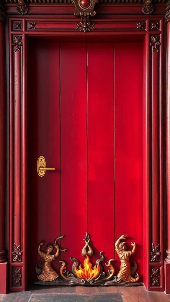 A richly decorated red wooden door with intricate carvings and ancient hardware, inspired by the Volantis Temple.