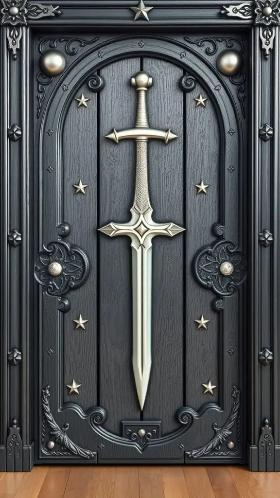 A heavy, hand-carved wooden door with a sword motif and intricate designs, inspired by House Dayne from Game of Thrones.