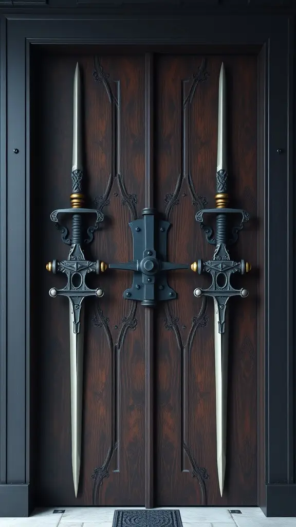 Heavy wooden doors with sword-shaped handles, inspired by the Iron Throne's inner chamber