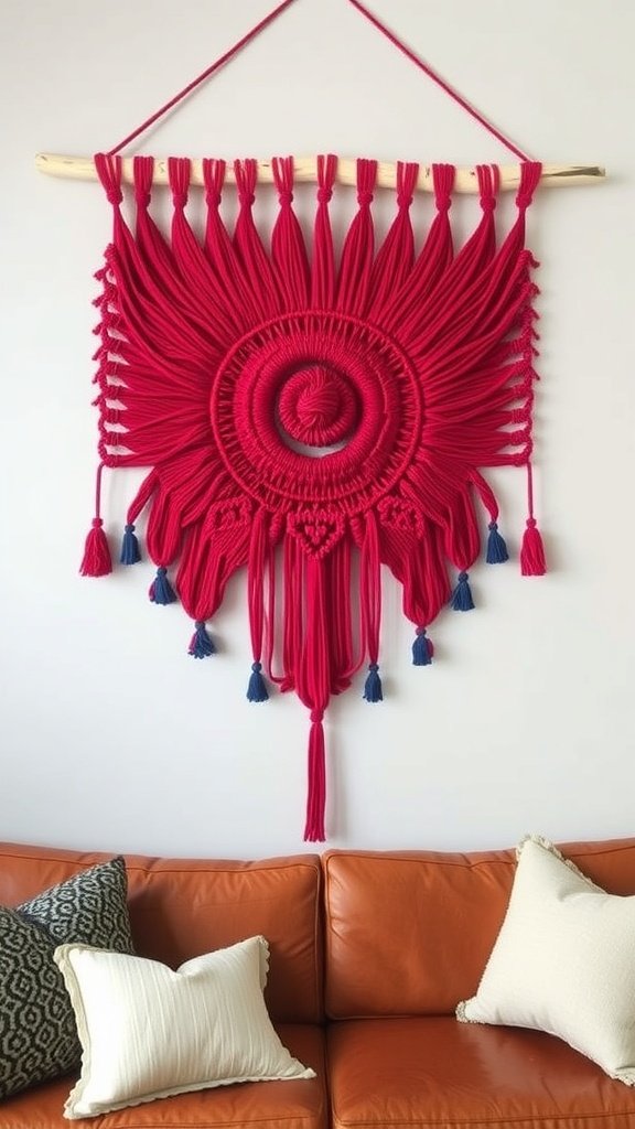 A vibrant macramé wall hanging in cherry red with intricate designs and colorful threads.