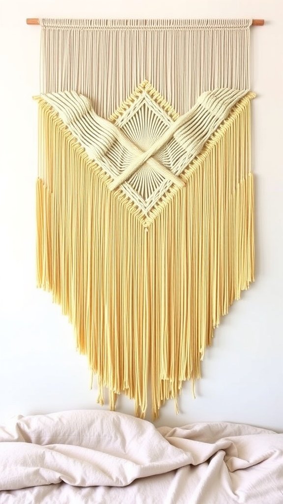 A macramé wall hanging with a butter yellow background and intricate fringe detailing.