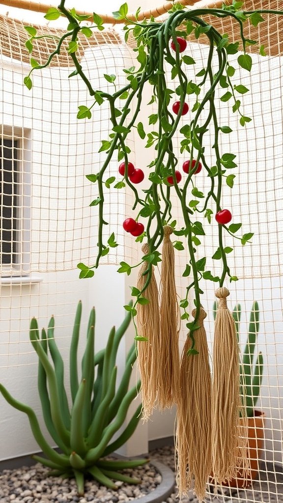 A serene desert garden featuring cacti and lush plants in terracotta pots, with gentle architectural curves.