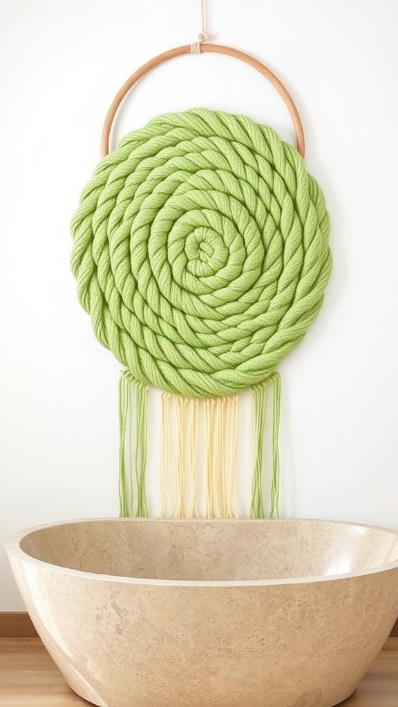 A macramé wall hanging featuring braided green loops, symbolizing morning tides.