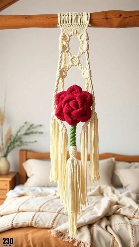 A vibrant macramé wall hanging featuring a red flower and yellow strands against a stone background.