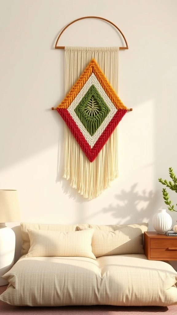 A colorful macramé wall hanging featuring geometric shapes in orange, yellow, and brown, set against a desert backdrop.