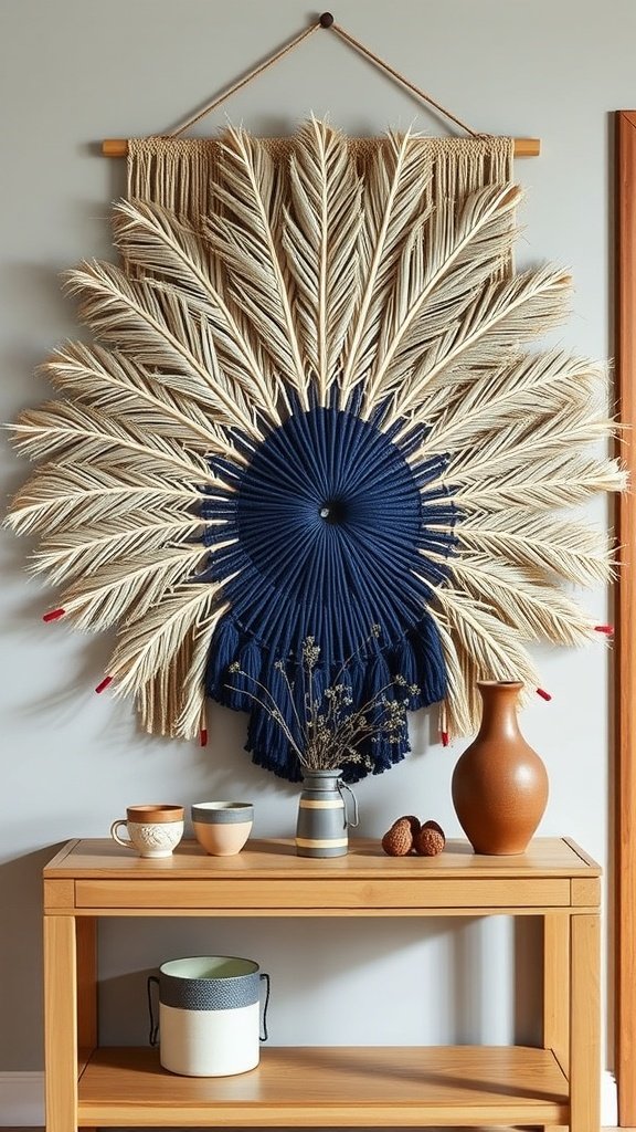 A macramé wall hanging featuring a fan shape with indigo and oat colors, adorned with feather-like designs.