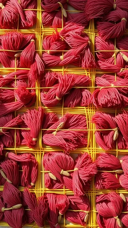A vibrant macramé wall hanging featuring cherry red threads woven into a grid pattern against a yellow background.