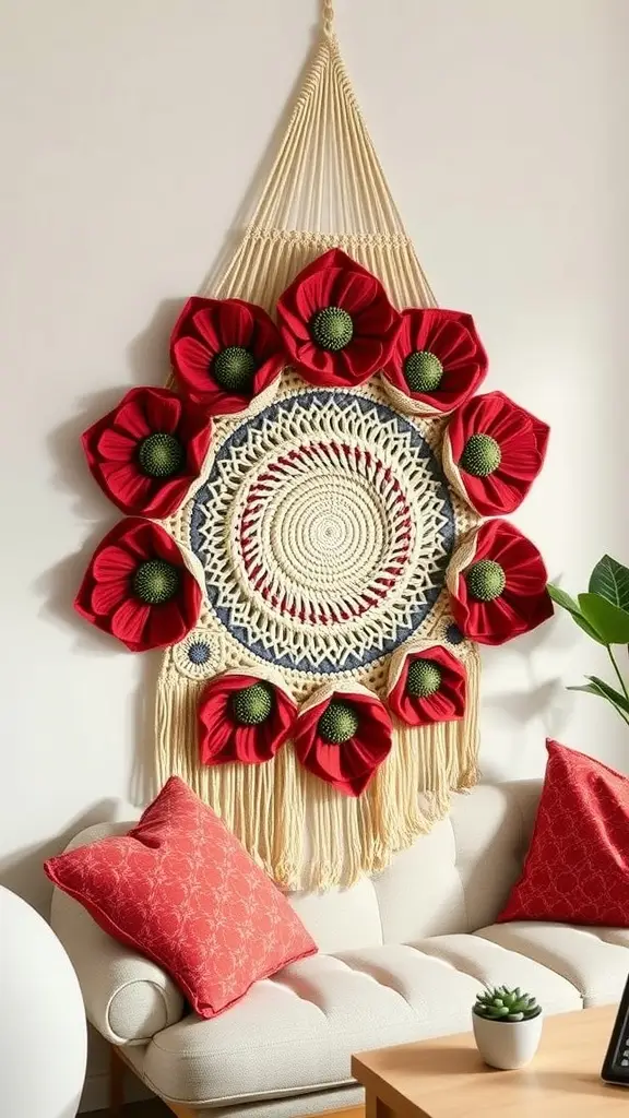 An arrangement of vibrant red flowers with green stems on a light background.