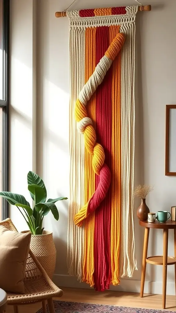 Gradient macramé wall hanging transitioning from cherry red to butter yellow