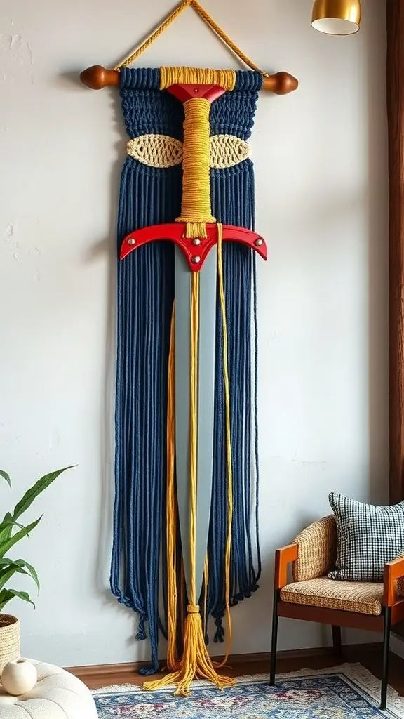 A sword with a sleek design against a blue background, symbolizing strength and honor.