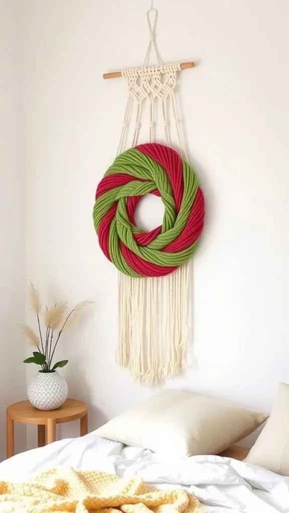 A macramé wall hanging designed as a spiral rose, featuring vibrant cherry red threads.
