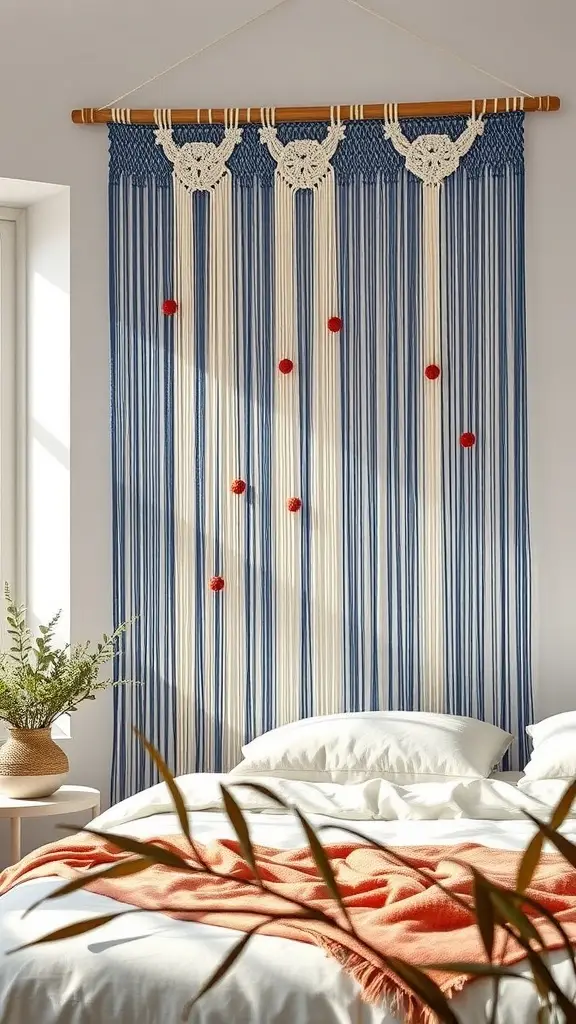 A macramé wall hanging with intricate knots and colorful beads, resembling a starry night sky.