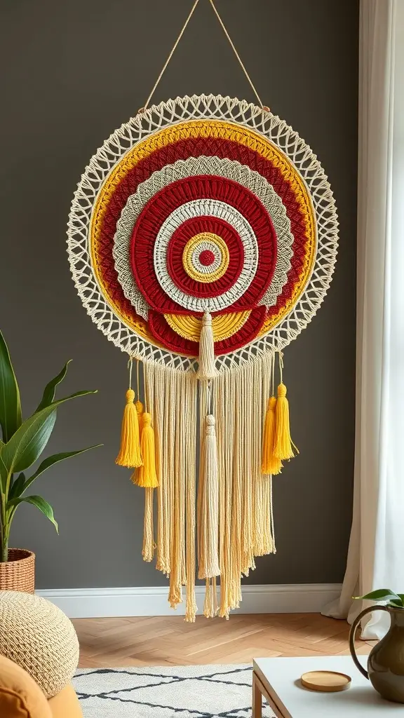 Two macramé wall hangings in circular shapes featuring red and yellow threads, resembling shields.