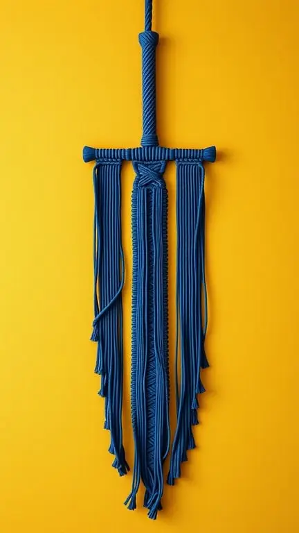 A blue macramé wall hanging shaped like a sword against a yellow background.