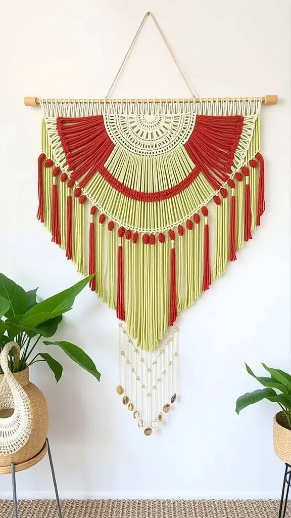 Macramé wall hanging featuring green foliage and red accents, with golden decorative elements.