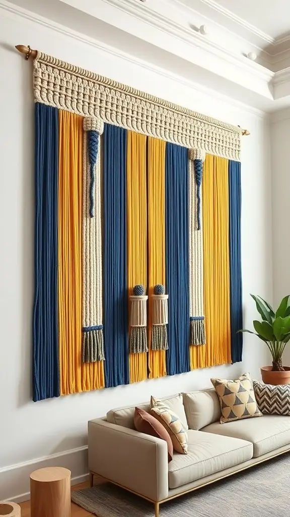 Vibrant yellow threads cascading through intricately designed stone pillars, creating a warm and tranquil atmosphere.