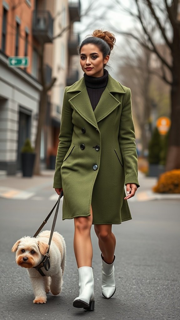 A model in an olive green coat and white boots walking a small dog on a city street.