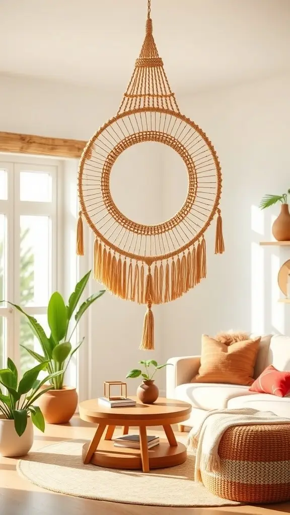 A macramé wall hanging featuring a circular design with tassels, symbolizing dawn.