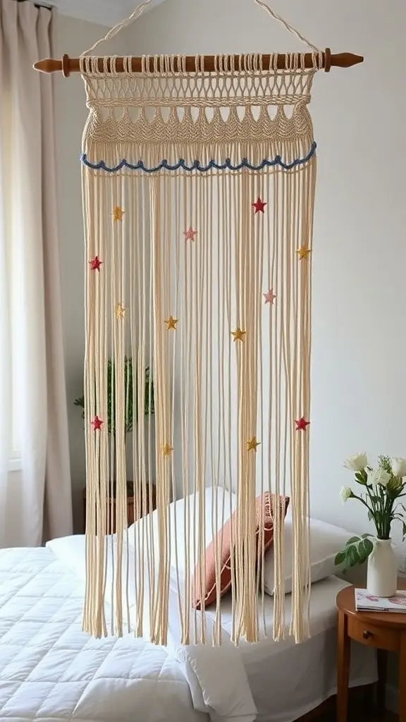 A macramé wall hanging featuring layers of fabric with stars, in soft colors.