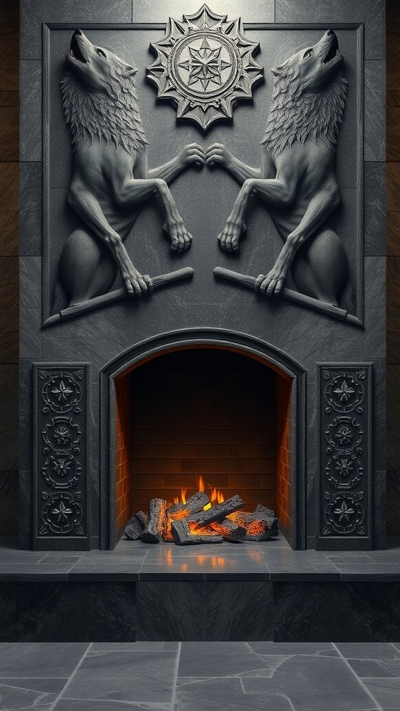 Granite fireplace with direwolf carvings and a warm fire