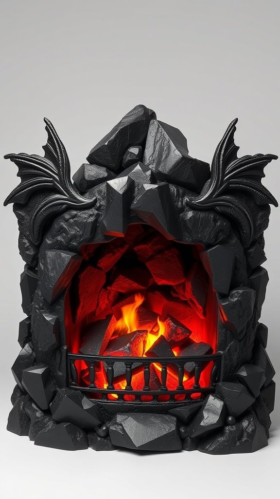 A cozy fireplace with a black stone facade featuring dragon motifs and a warm flame.