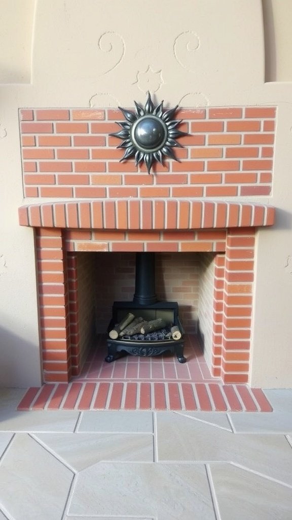 A cozy brick fireplace with a sun motif above it, showcasing a rustic design.
