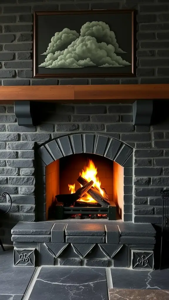 A cozy fireplace with a dark stone mantel and cloud accents, featuring a warm fire.