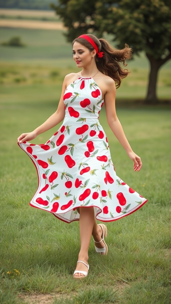 A woman in a cherry print dress with a halter neck and a flared skirt, enjoying a sunny day outdoors.
