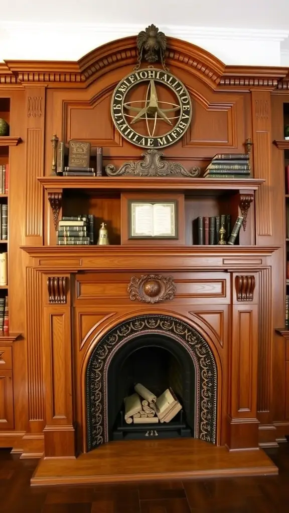 A beautifully crafted wooden fireplace mantel with books and decorative elements, inspired by the Maesters of Oldtown.