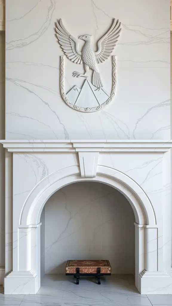 A white fireplace with a falcon emblem above it, set against a light marble wall.