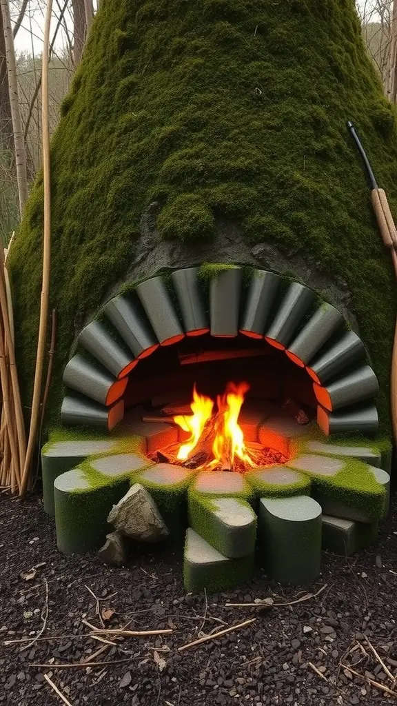 A cozy fireplace made of stone and moss, glowing warmly in a misty forest setting.