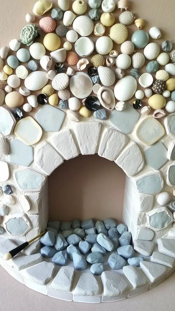 A cozy stone hearth decorated with smooth stones and seashells, inspired by the coastal charm of Tarth.