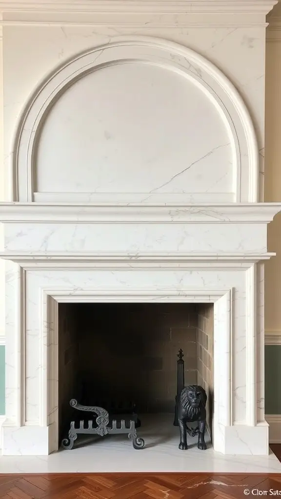 A luxurious vaulted fireplace with lion statues on either side, set against a marble backdrop.