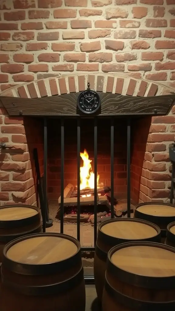 Cozy fireplace in a cellar with brick walls and wooden barrels