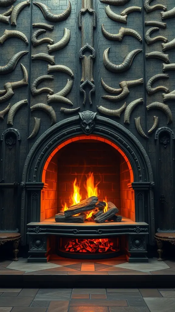 A striking fireplace design inspired by the Dragonpit from Game of Thrones, featuring intricate woodwork and a warm fire.