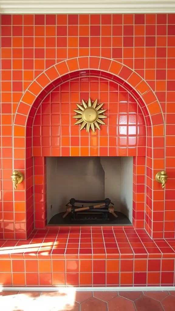 A cozy fireplace with a vibrant mosaic design and sunburst motif, inspired by House Martell.