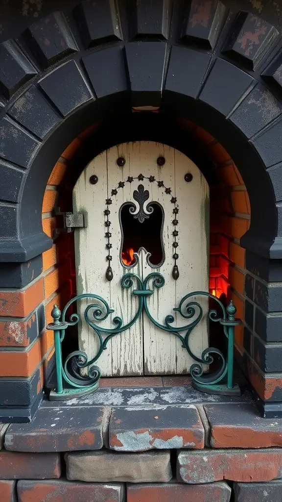 Cozy fireplace with brick design and iron doors, flames visible inside.