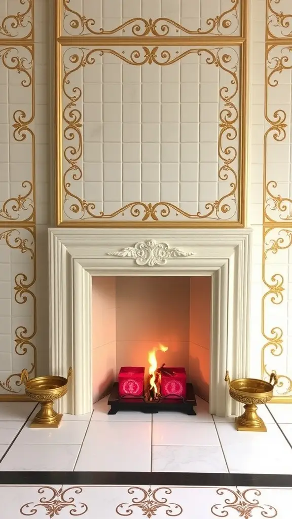 A cozy fireplace with a golden mantel and vibrant red stones, featuring a warm fire.