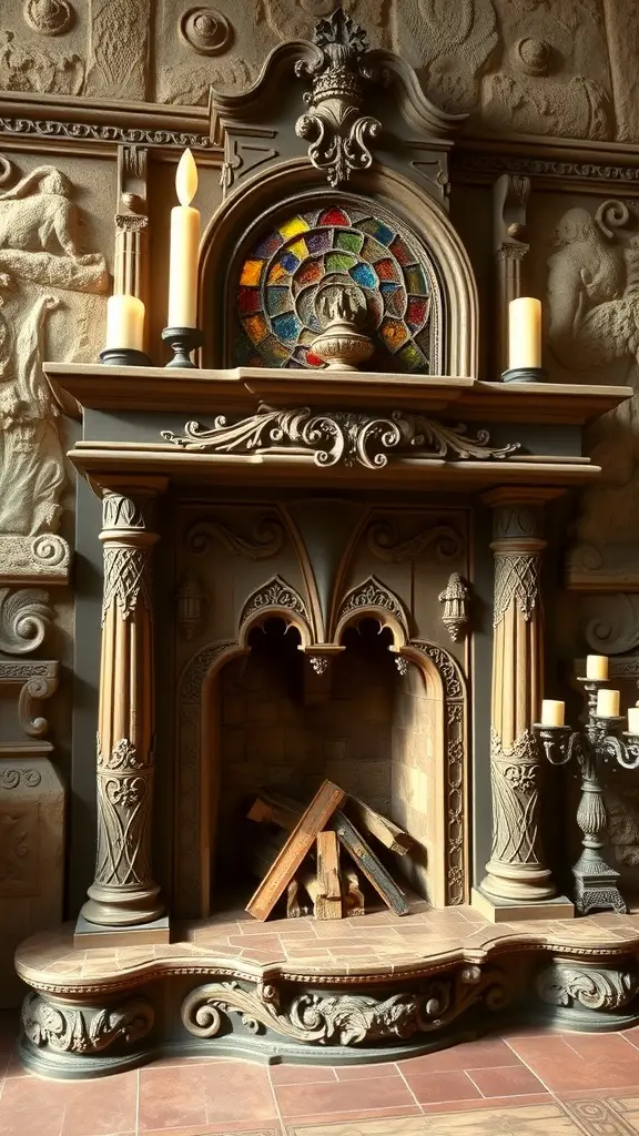A grand fireplace inspired by House Hightower, featuring intricate stonework and elegant arches.