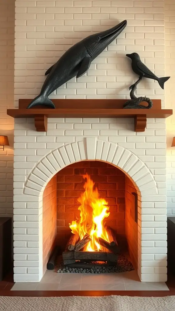 Cozy fireplace with a whale motif above the mantel, featuring a warm fire and brick design.