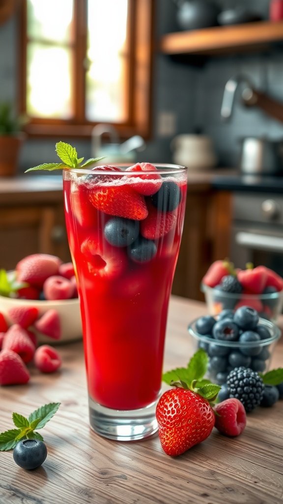 A refreshing redberry elixir in a glass, surrounded by fresh berries and mint leaves.