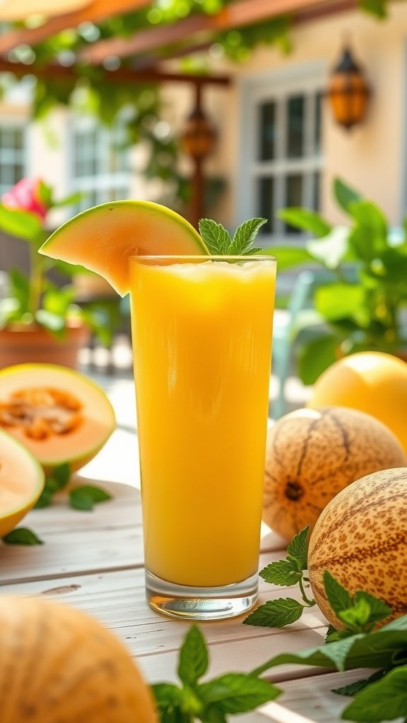 A refreshing golden summer melon juice in a glass, garnished with mint, surrounded by fresh melons.